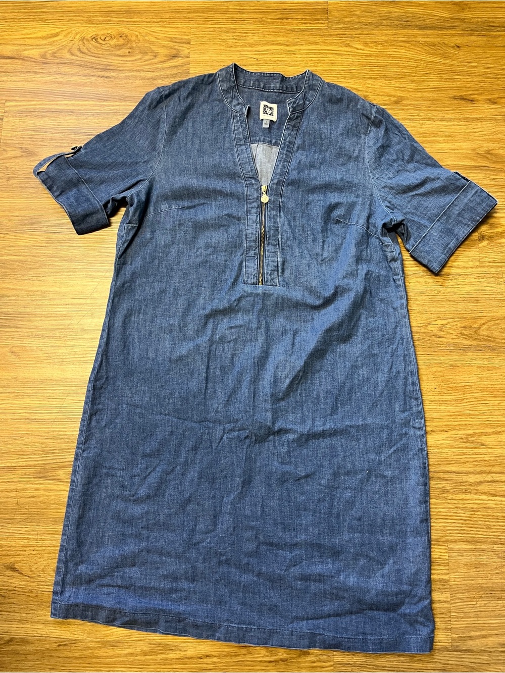 Anne Klein Denim Short Sleeve Shift Dress Nautical Classy Gold Zipper Size 8